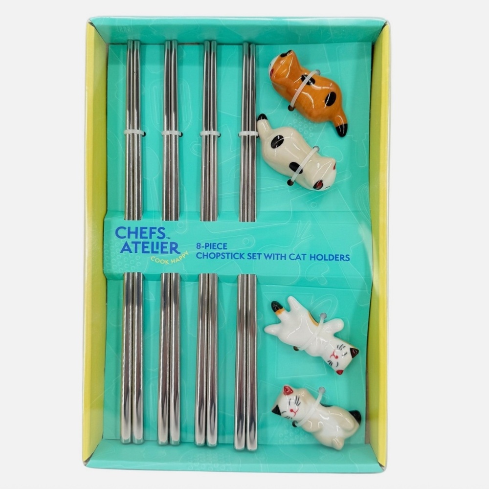 Chefs Atelier 8-Piece Chopstick Set With Kitty Cat Holders Stainless Steel